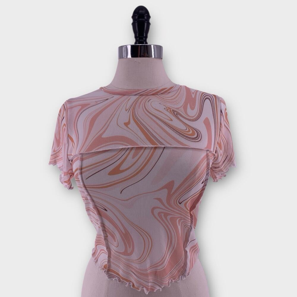 Y2K Swirl Print Mesh Top Short Sleeve Fairy Rave Indie Psychedelic L